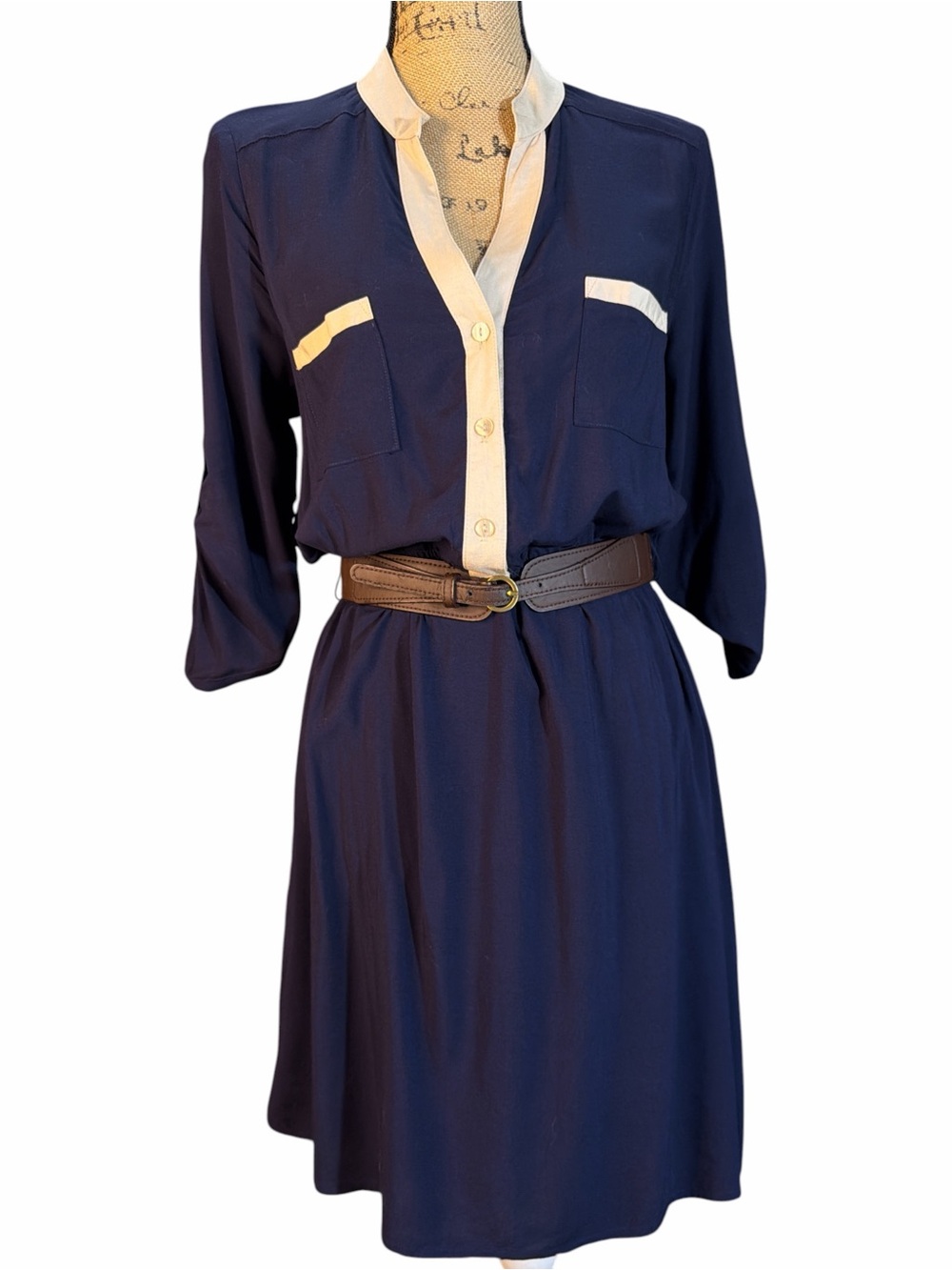 I.N. San Francisco Navy Dress with Cream Trim and Brown Belt EC. Size medium